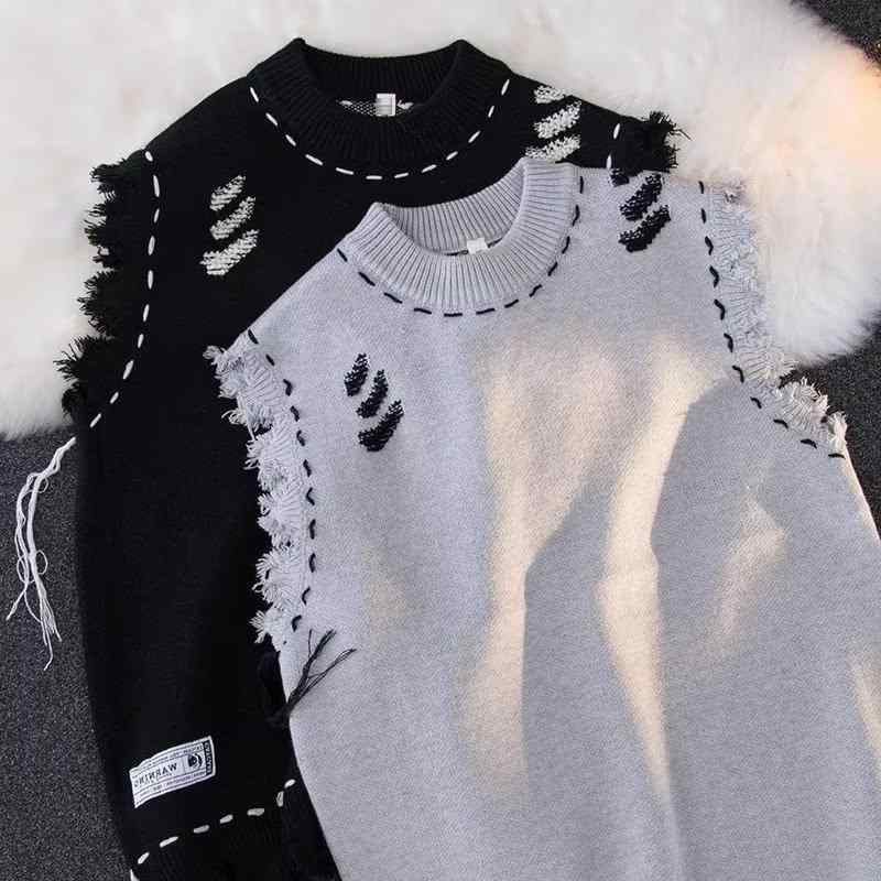 ニットベスト メンズ 通気性 洗濯機洗い可 伸縮性 アメカジ ストリート系 ダメージ加工 フリンジ クルーネック ゆったり ルーズフィット 秋冬 重ね着 カジュアル 切り替えデザイン ビッグシルエット オーバーサイズ