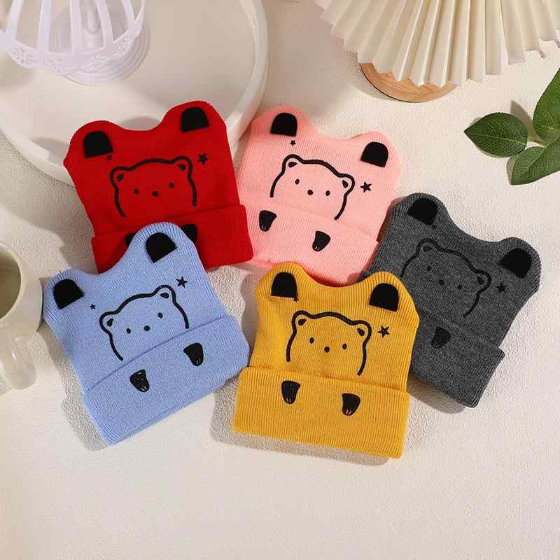 ニット帽 キッズ 子供用 ベビー 防寒 保温 防風 あったか 厚手 かわいい マカロン キャラクター クマ耳 毛糸 冬用 ブルー ピンク イエロー グレー レッド 1歳 2歳
