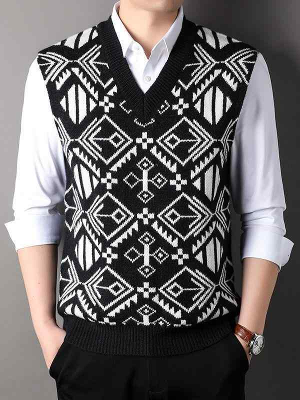 ニットベスト メンズ 男性用 ミドルエイジ シニア 秋冬 Vネック 厚手 あったか ゆったり レトロ クラシック ジャガード織り チェック柄 ノースリーブ インナー 重ね着 ビジネス カジュアル ポリエステル