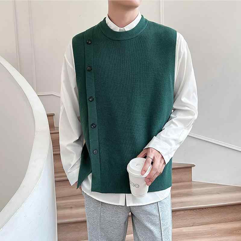 ニット メンズ シワになりにくい ゆったり ベスト ジレ クルーネック プルオーバー ノースリーブ カジュアル 着回し レイヤード 韓国スタイル トレンド 秋冬