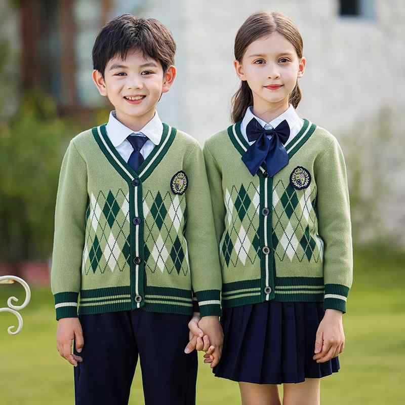 制服 キッズ ジュニア 男女兼用 イギリス風 クラシカル 綿100% 前開き ニットカーディガン 3点セット 小学生 幼稚園 園児 柔らかい肌触り スクールユニフォーム 通園 通学 入学式 卒業式 フォーマル オールシーズン
