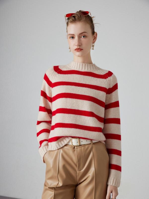 ニット レディース 女性用 カシミヤ ウール混 プルオーバー クルーネック 丸首 長袖 ラグランスリーブ ストライプ 切り替え シワになりにくい 通勤 オフィス 上品 カジュアル 秋冬 トップス