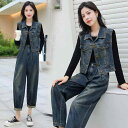 デニム セットアップ レディース 通勤 オフィス きれいめ 上品 ノースリーブ カジュアル インフルエンサー トレンド ファッション 春秋 2点セット 綿 スパンデックス レトロブルー