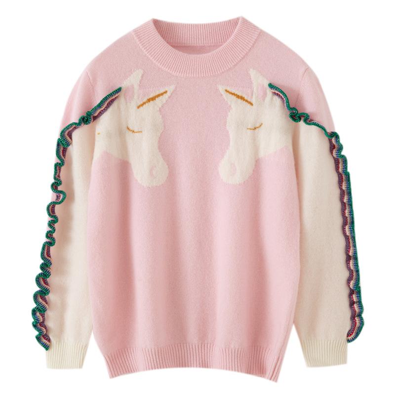 ニット 男女兼用 キッズ ベビー 厚手 長袖 丸首 プルオーバー カシミヤ ポニー柄 ジャガード 秋冬 柔らかい肌触り カジュアル 子供服 ピンク オフホワイト ジュニア