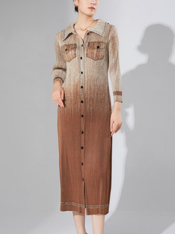 ワンピース レディース デニム風 高級感 長袖 シングルボタン ハイウエスト プリーツ グラデーション Aライン 通勤 オフィス きれいめ ポリエステル素材 カーディガン 襟付き 秋 ミモレ丈