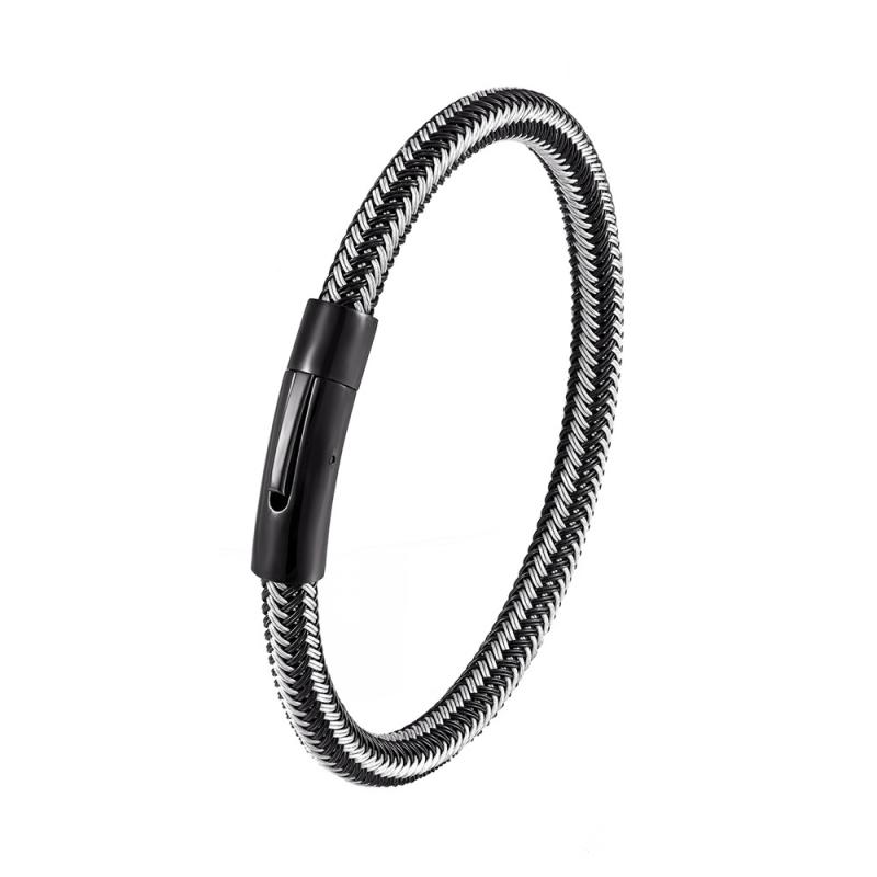 ブレスレット メンズ レディース 男女兼用 ステンレス製 スチールワイヤー 編み込み レザー 電気メッキ加工 モノクロ スナップボタン留め具 DIY 幾何学模様 ファッション カジュアル おしゃれ(x2)