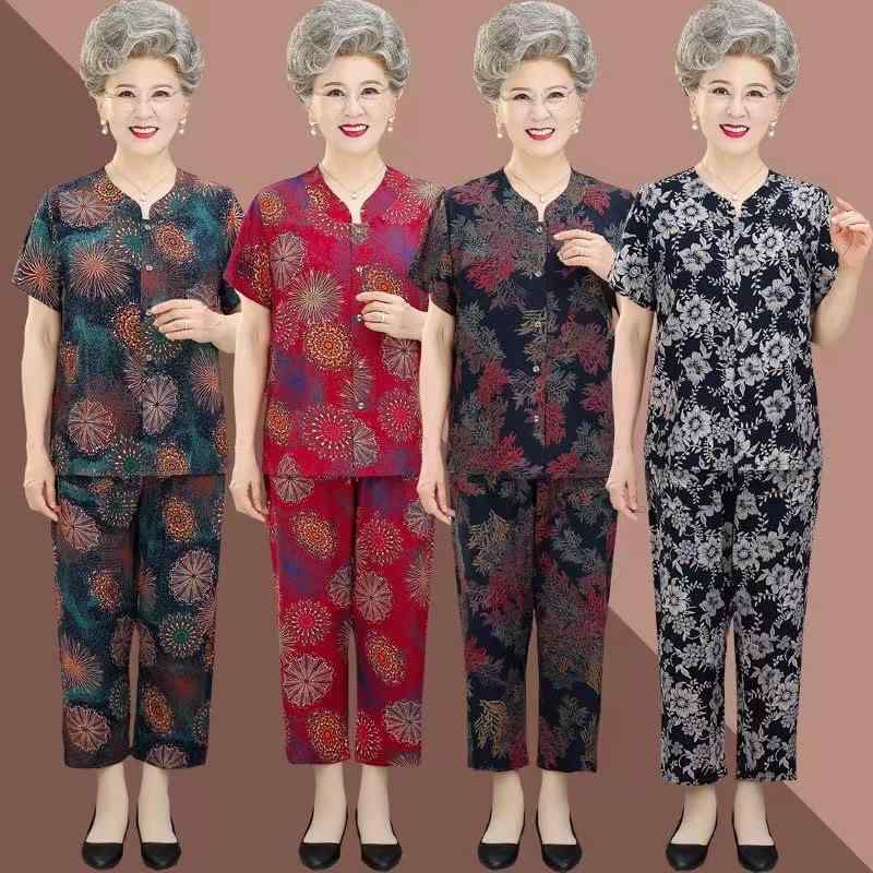 Room Wear - セットアップ レディース シニア ミセス おばあちゃん 春夏物 接触冷感 吸汗速乾 薄手 レーヨン混 花柄 半袖 カーディガン 丸首 前開き ゆったり 部屋着 ルームウェア 上下セット 九分丈パンツ ポケット付き 普段使い