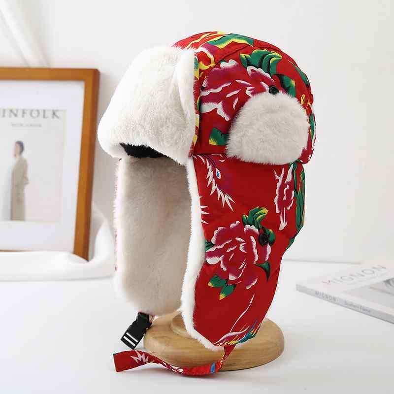 帽子 レディース 防寒 保温 防風 裏起毛 ボア 厚手 耳当て付き 民族調花柄 エスニック レトロ 中国風 ..