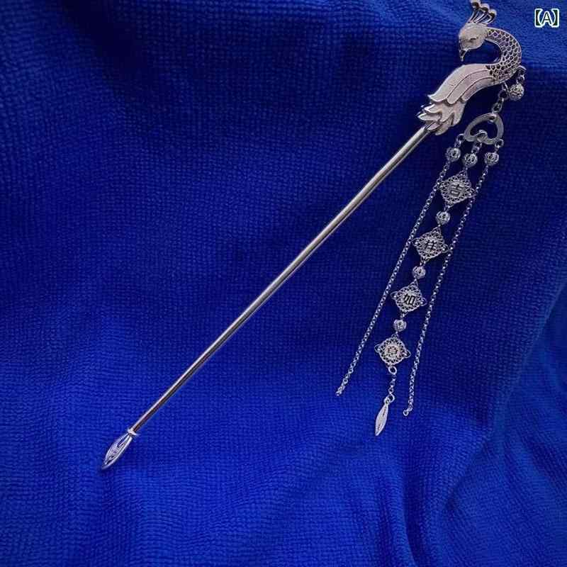 髪飾り レディース 純銀製 金メッキ タッセル 鳳凰モチーフ 縁起物 レトロ 古風 揺れる かんざし 結婚式 成人式 和装 パーティー チャイナドレス ヘアアクセサリー