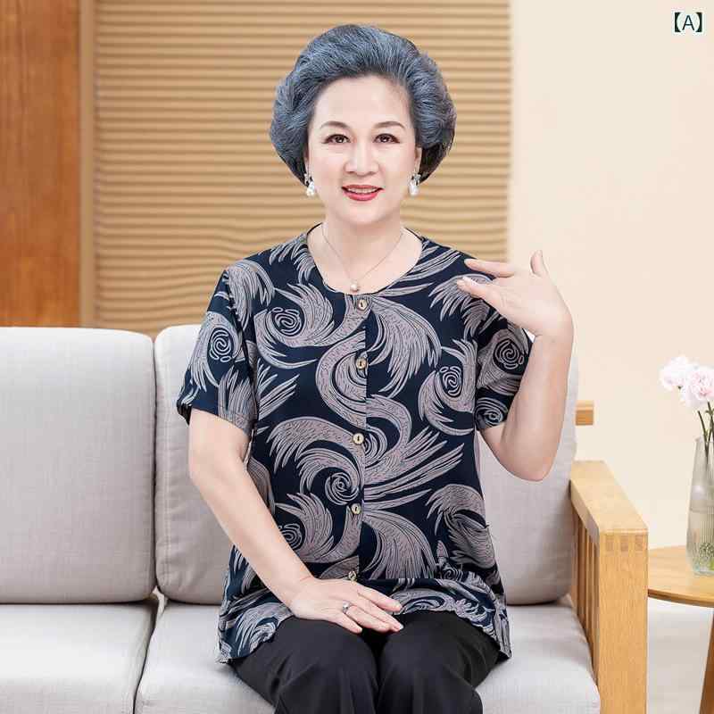 シャツ レディース 中高年 シニア ミセス向け 女性用 再生繊維 レーヨン ラウンドネック 半袖 薄手 ゆったり 体型カバー カジュアル 普段着 デイリー 部屋着 夏 開襟ブラウス トップス