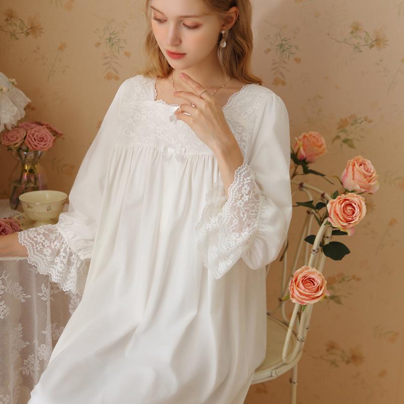 パジャマ ワンピース レディース 九分袖 スクエアネック フレンチ宮廷風 高級感 レトロ ゆったり 大きいサイズ スウィート 快適 通気性 コットン 部屋着 ルームウェア ワンマイルウェア 春秋 ロング丈