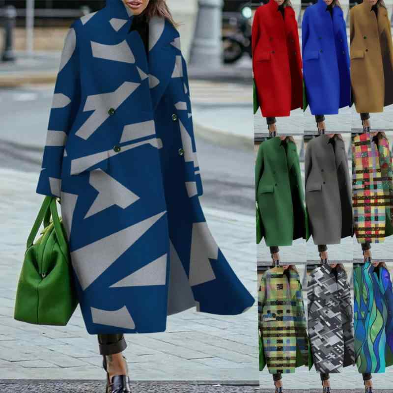 コート レディース 保温性 ゆったり ロング丈 ダブルボタン ウール調アウター 秋冬 通勤 オフィス 上品 カジュアル テーラードカラー 幾何学模様 ポケット付き