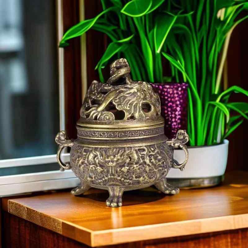 香炉 九龍 ミニ アンティーク調 中華風 合金製 電気メッキ加工 卓上置物 家庭用 アロマ 癒し 瞑想グッズ インテリア 工芸品