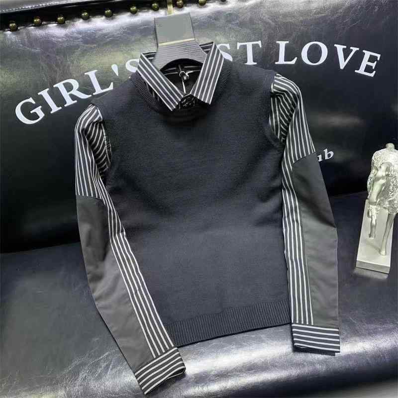 ニット メンズ フェイクレイヤード 重ね着風 シャツ襟 プルオーバー ノーアイロン スリムフィット 細身 秋冬 トレンド カジュアル オフィスカジュアル 男性用 綿混 アクリルセーター