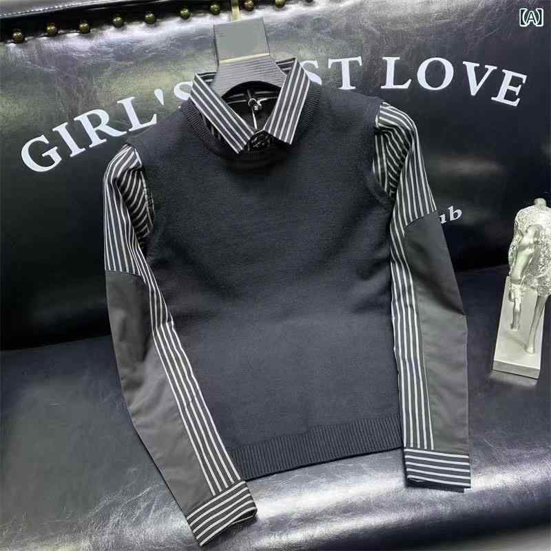ニット メンズ フェイクレイヤード 重ね着風 シャツ襟 プルオーバー ノーアイロン スリムフィット 細身 秋冬 トレンド カジュアル オフィスカジュアル 男性用 綿混 アクリルセーター