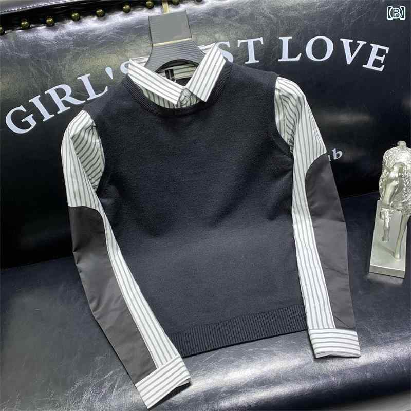 ニット メンズ フェイクレイヤード 重ね着風 シャツ襟 プルオーバー ノーアイロン スリムフィット 細身 秋冬 トレンド カジュアル オフィスカジュアル 男性用 綿混 アクリルセーター