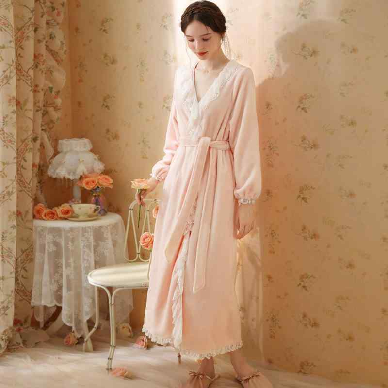 パジャマ ルームウェア レディース 秋冬 厚手 保温 Vネック フレンチレトロ 宮廷風 レース セクシー 長袖 ロング丈 ローブ ナイトガウン 部屋着 快適 おうち時間