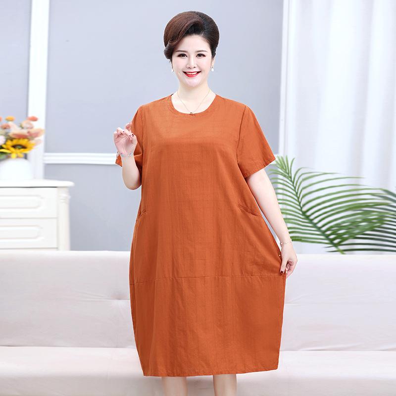ワンピース レディース ミセス 半袖 大きいサイズ ゆったり 薄手 軽量 春夏 花柄 ジャカード綿 ポケット付き ミモレ丈 オレンジ パープル