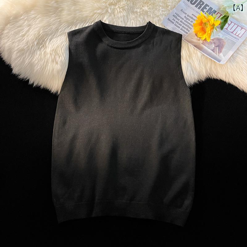 ニットベスト メンズ 男性用 ゆったり ルーズ ノースリーブ 無地 プルオーバー クルーネック ポリエステル素材 韓国ファッション 港風 カジュアル 10代 20代 秋冬