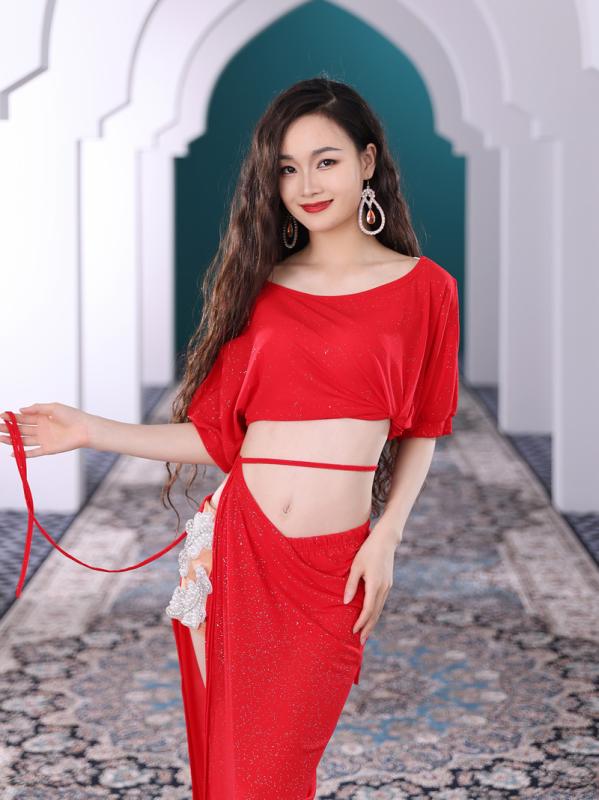 ベリーダンス衣装 レディース 女性用 ロングスカート インナー付き 発表会用 練習着 セットアップ 半袖 初心者向け ポリエステル スパンデックス素材 オールシーズン