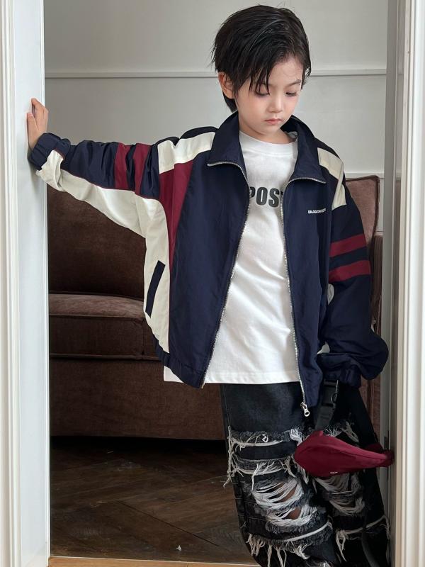 Jacket - ジャケット キッズ 男の子 女の子 ベビー 春夏 ソフトタッチ デニム 綿 コットン 長袖 ショート丈 シングルボタン 韓国風 おしゃれ レトロ ヴィンテージ トレンド 切り替え 刺繍 ロゴ