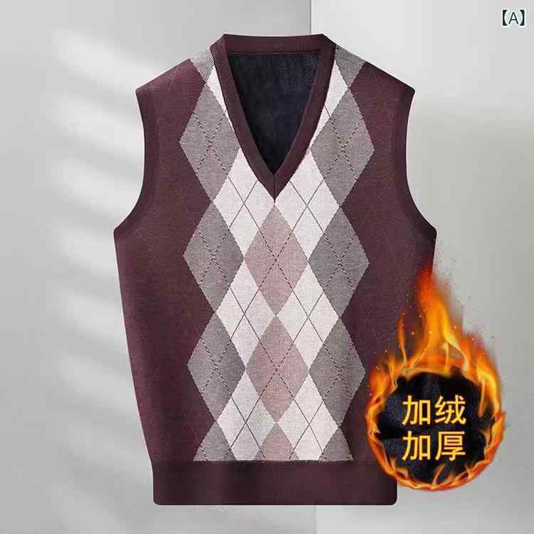 ベスト メンズ 秋冬 裏起毛 厚手 Vネック アーガイル柄 カジュアル ジャガード織り プルオーバー セーター ウール混 ゆったり 大人向け 部屋着 リブ裾