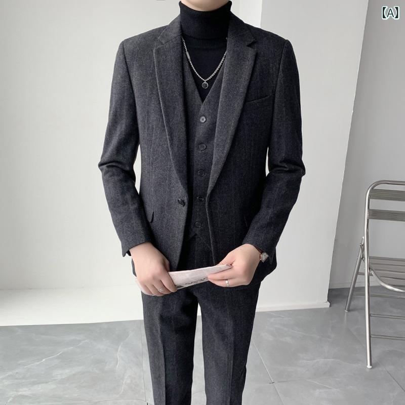 スーツ メンズ 秋冬 スリーピース 3点セット ウール スリムフィット 細身 ストライプ柄 韓国風 ビジネス オフィス 通勤 カジュアル 結婚式 二次会 パーティー ダークグレー 高品質 上質