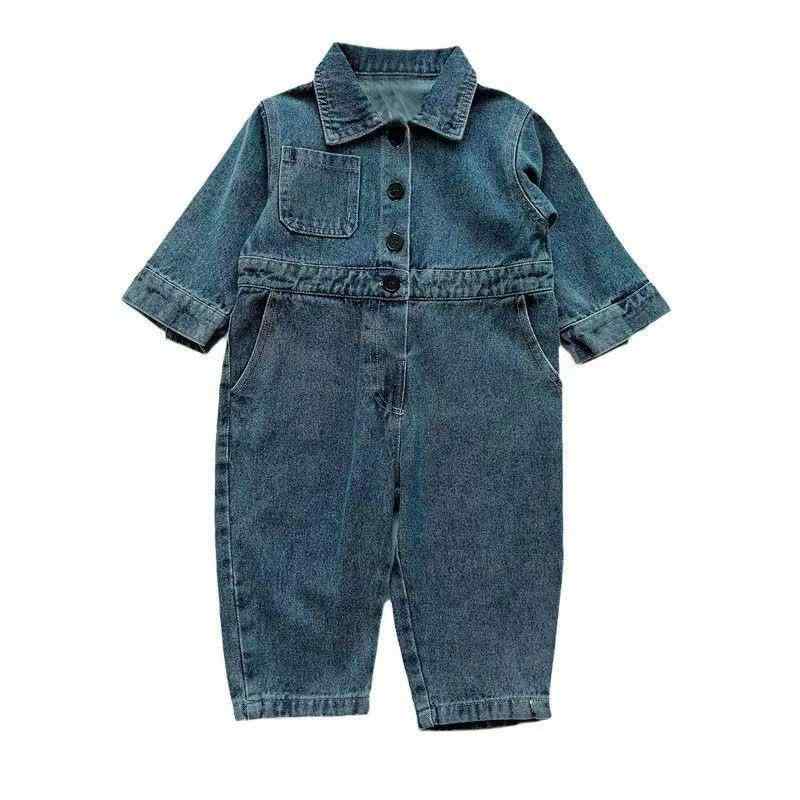 オーバーオール 子供服 男の子 女の子 ベビー デニム 襟付き フロントボタン 長袖 長パンツ 綿混 厚手 ..