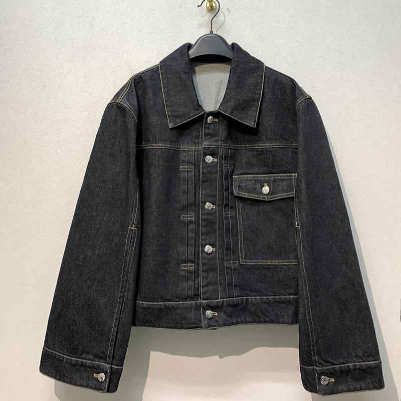 Rakuten - デニムジャケット レディース 秋冬 オーバーサイズ 体型カバー シンプル カジュアル おしゃれ 日韓ファッション 長袖 フリル袖 オーガニックコットン ブラック アウター トップス