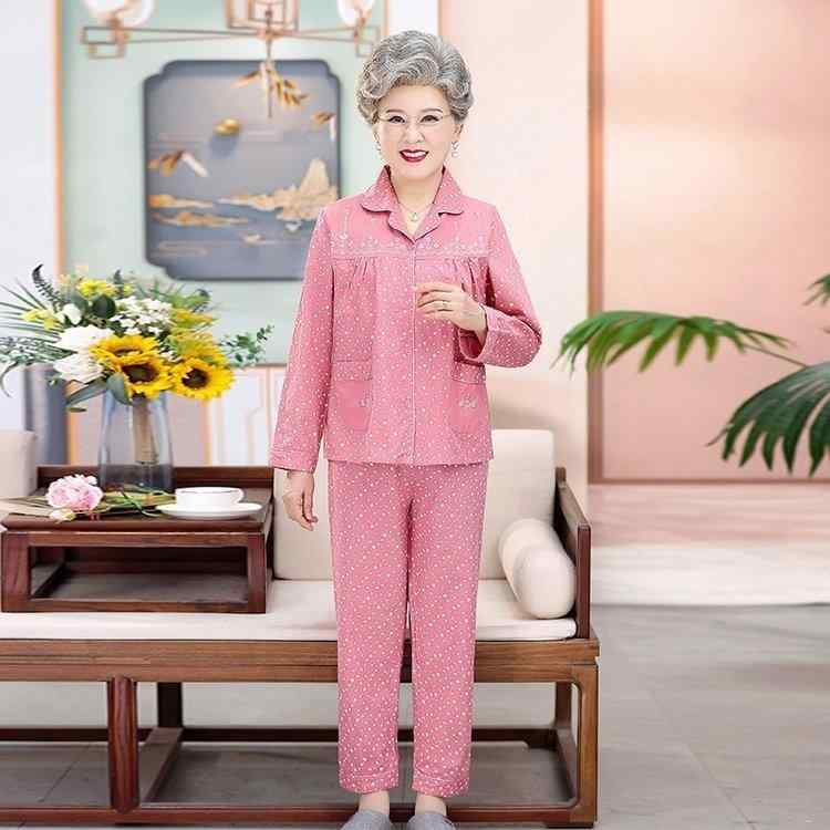ルームウェア レディース シニア ミセス お母さん 祖母 向け 綿100% 薄手 快適 長袖 ロングパンツ 刺繡 テーラードカラー オールシーズン カジュアル 外出OK 2点セット