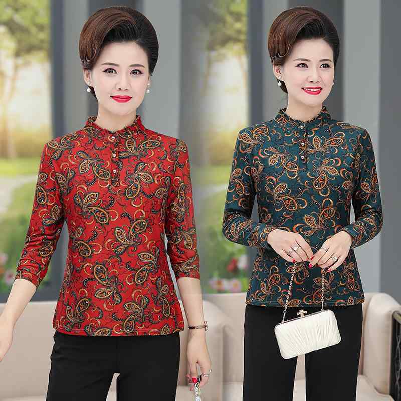 Tシャツ レディース 40代 50代 ミセス ママ 春秋 長袖 モックネック モダール素材 花柄 切り替え デザイン 上品 きれいめ カジュアル トップス