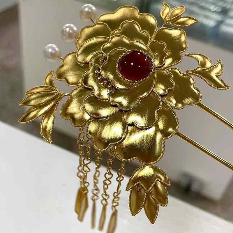 かんざし レディース 女性用 足銀製 ゴールドメッキ 牡丹花モチーフ 伝統彫金細工 手作り 明朝様式 漢服スタイル レトロ 古風 髪飾り ヘアアクセサリー