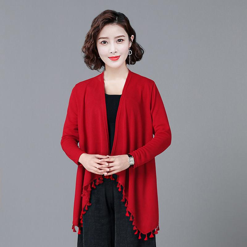 カーディガン レディース ミセス 春秋 ニット フリンジ ショート丈 ライトアウター ゆったり シンプル 上品 通勤スタイル 無地 コットン 中厚手 羽織り(4)