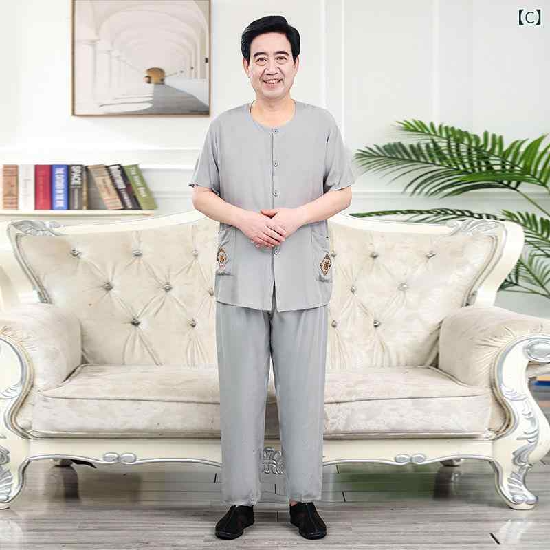 パジャマ メンズ 男性用 シニア 祖父 お父さん 再生繊維 半袖 丸首シャツ 前開き ロングパンツ 長ズボン 上下セット セットアップ 通気性 涼しい 薄手 部屋着 ルームウェア 外出OK カジュアル チャイナ風 刺繍 ポケット 春夏 mzymzy-10953723 モズラボ サンプル画像3