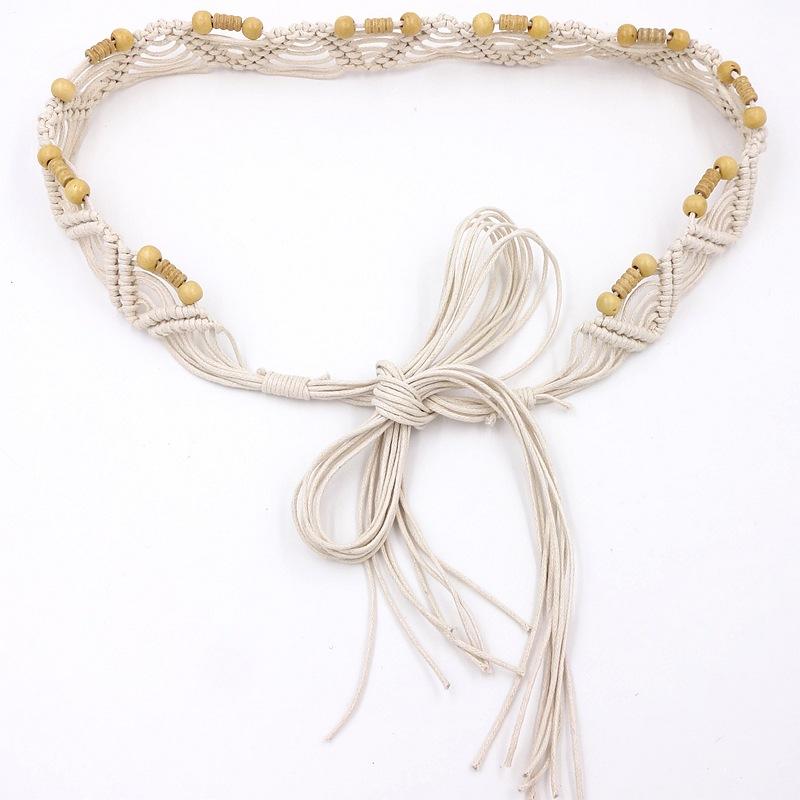 ベルト レディース 女性用 手編み ハンドメイド ワックスコード ウッドビーズ 民族風 エスニックテイスト ボヘミアン ワンピース ドレス ウエストマーク アクセサリー