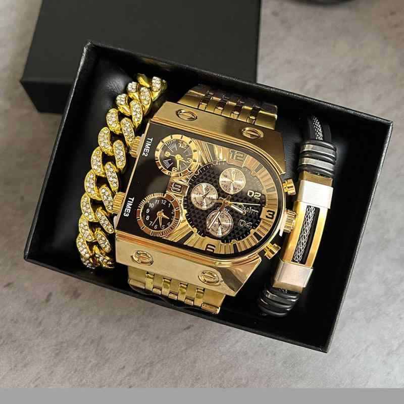 Men's Multifunctional Watch with Multiple Time Display, Luminous Hands, Quartz Movement, 3 ATM Water Resistance, Large Square Dial, Stainless Steel Band, Metal Band, Suitable for Business and Casual Wear