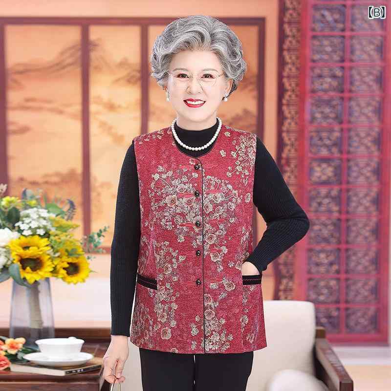 ベスト レディース ママ ミセス シニア 婦人服 祖母 薄手 軽量 花柄 ノーカラー ポケット付き 前開き ボタン ゆったり 春夏 カジュアル ポリエステル ジレ ノースリーブ