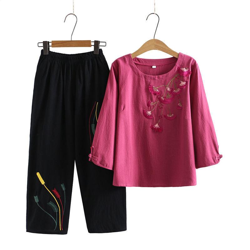 セットアップ レディース シニア ママ 春夏秋冬 綿麻 刺繍 ゆったり 体型カバー カジュアル エスニック おしゃれ 7分袖 9分丈パンツ ル..