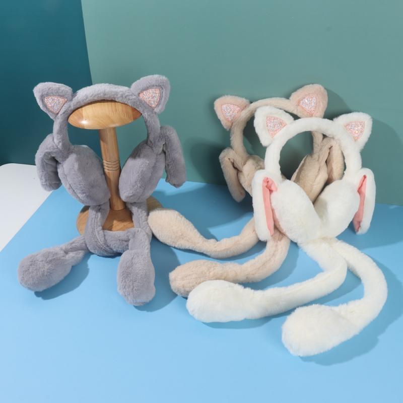 イヤーマフ キッズ 子供 動く耳 ポンプ式 アニマル耳 スパンコール 保温 防寒 冬用 ふわふわ もこもこ ..