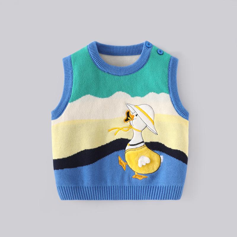 ニットベスト キッズ 女の子 子供服 厚手 裏起毛 腹巻付き あたたかい 防寒 秋冬 切り替え アヒル柄 丸首 クルーネック カジュアル かわいい 綿100%