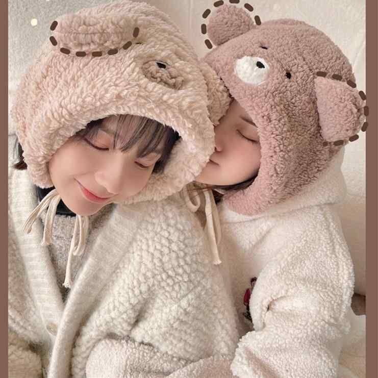 帽子 レディース ふわふわ もこもこ クマ耳 小顔効果 ドローストリング 耳当て パイロットキャップ 防..