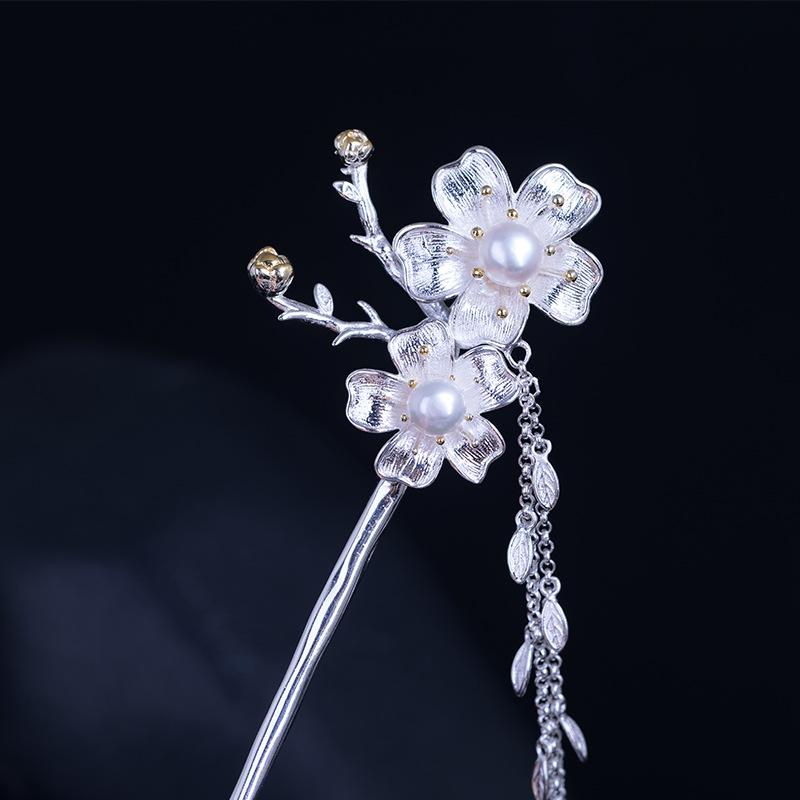 かんざし レディース S925シルバー パール 桜 リーフ タッセル ゆらゆら揺れる 電気メッキ加工 古典 和装 着物 浴衣 成人式 卒業式 結婚式 パーティー アップヘア まとめ髪 華やか