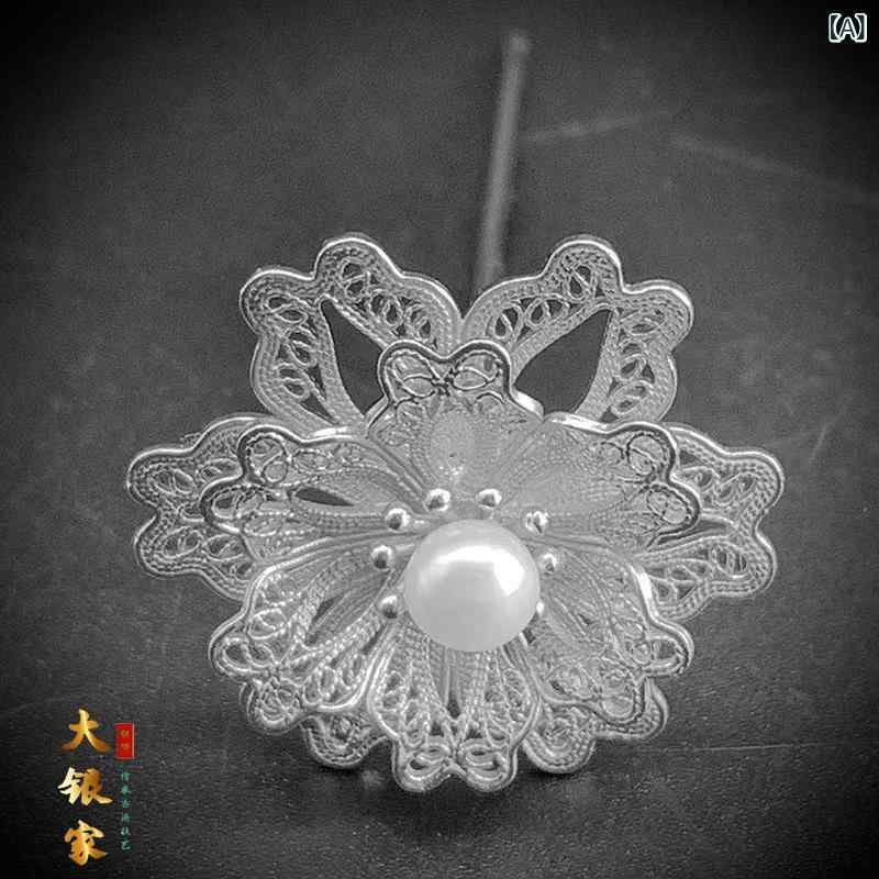 ・素材: シルバー・スタイル: レトロ・デザイン: 花柄・加工方法: ハンドメイド・シーン: 結婚祝い、誕生日、旅行記念、お祝い・カラー: シルバー、ゴールド・純度: 純銀・トレンド: 漢服古風・カテゴリ: ヘアアクセサリー