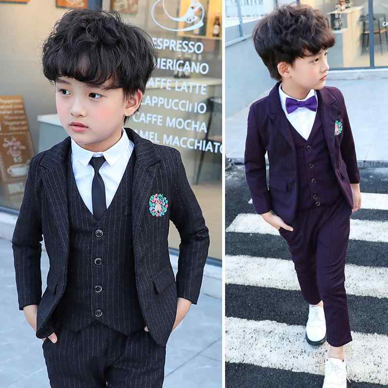 スーツ キッズ 男の子 スリーピース 3点セット ストライプ柄 秋冬 韓国風 ブリティッシュスタイル ジャケット ベスト パンツ フォーマル 礼服 発表会 結婚式 入学式 卒業式 フラワーボーイ