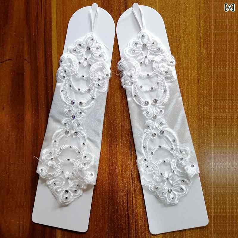 グローブ レディース 指なし フィンガーレス サテン 刺繍 ラインストーン ブライダル ウェディング 挙式 披露宴 撮影 ミドル丈 白 ホワイト フリーサイズ オールシーズン