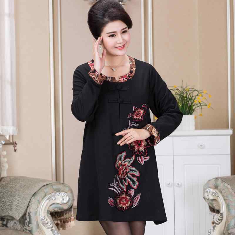 ワンピース レディース ミセス シニア 春夏 長袖 花柄刺しゅう ゆったり 体型カバー Tシャツワンピース 大きいサイズ カジュアル コットン 綿 部屋着 お出かけ