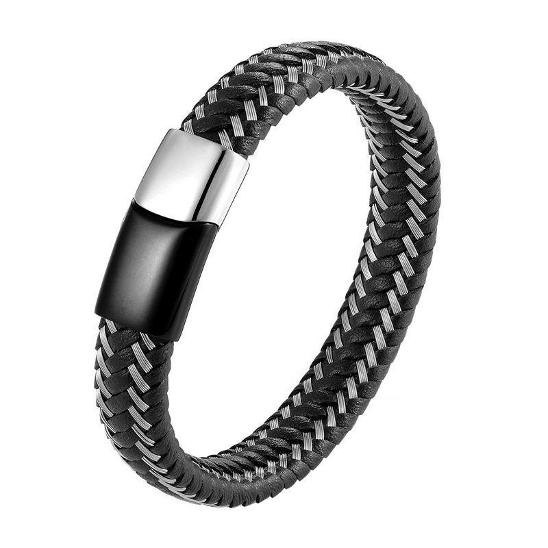 ブレスレット メンズ 男性用 ステンレス スチールワイヤー 編み込み レザー 革紐 パンク ロック 欧米ス..