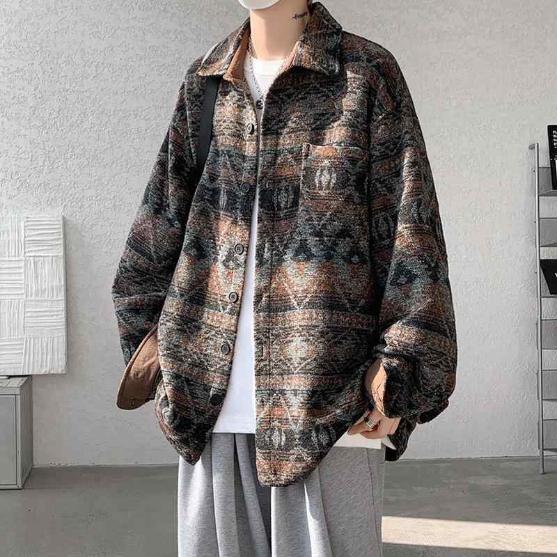 シャツ メンズ 大きいサイズ ビッグシルエット ゆったり レトロ 民族風 切り替え 厚手 ツイード調 秋冬 ウォッシャブル イージーケア 菱形柄