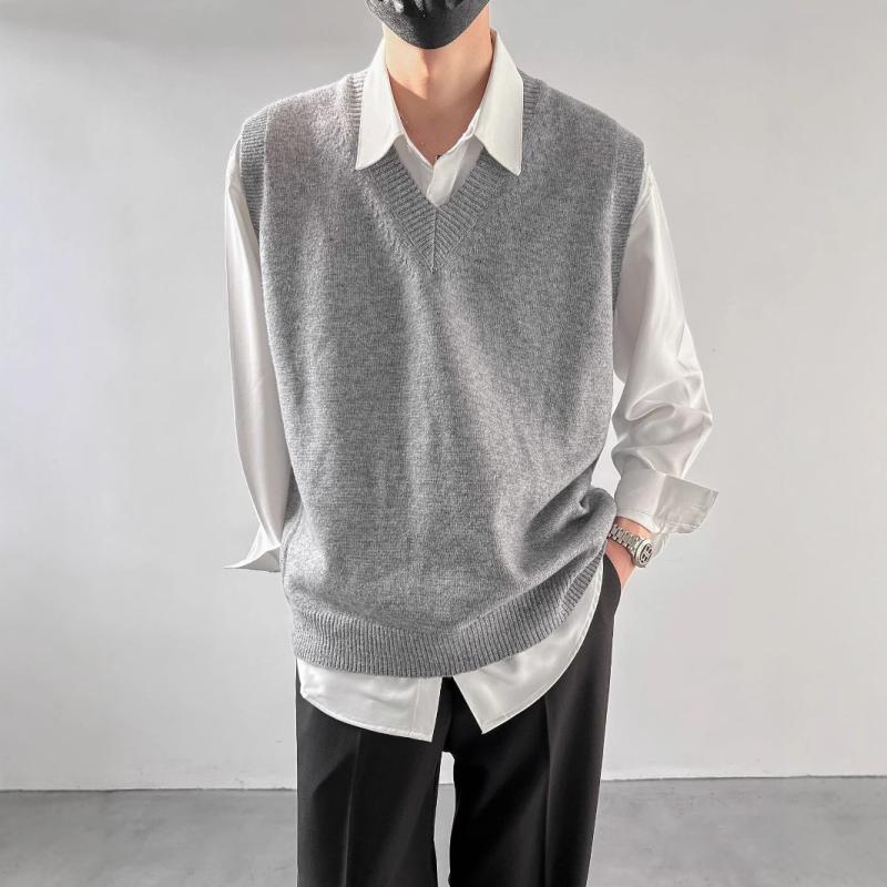 ニットベスト メンズ 春秋冬 ゆったりルーズ Vネック プルオーバー ジレ 重ね着インナー レイヤード 韓国風韓流 カジュアル イージーケア 普段着 グレー カーキ 10代 20代