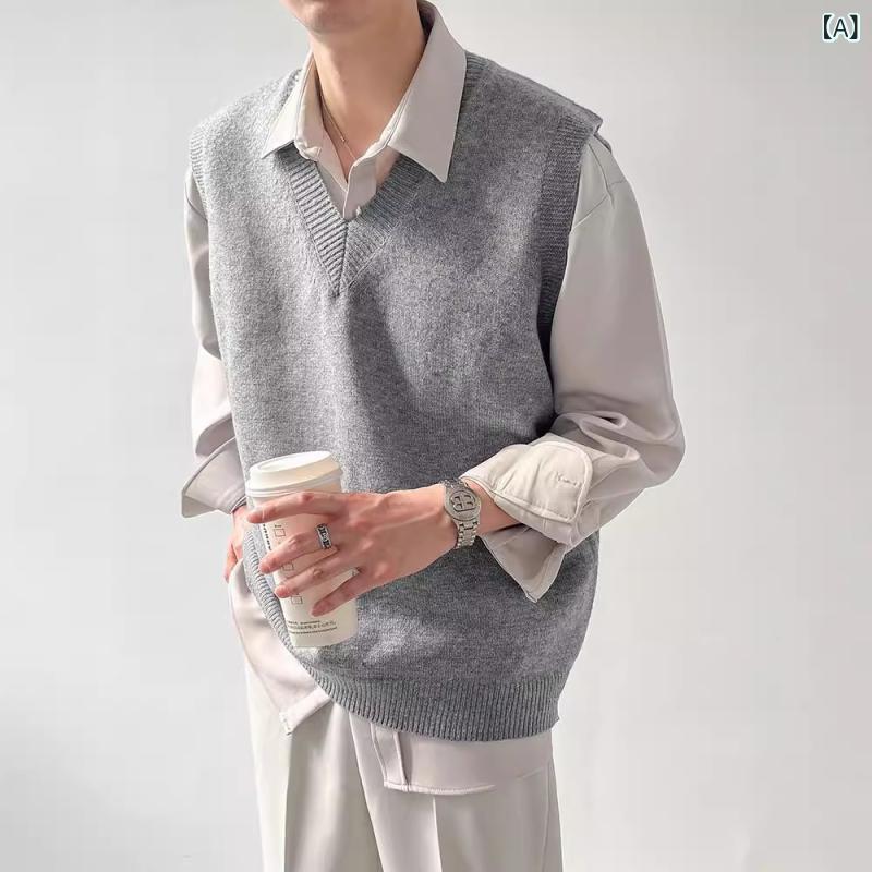 ニットベスト メンズ 春秋冬 ゆったりルーズ Vネック プルオーバー ジレ 重ね着インナー レイヤード 韓国風韓流 カジュアル イージーケア 普段着 グレー カーキ 10代 20代